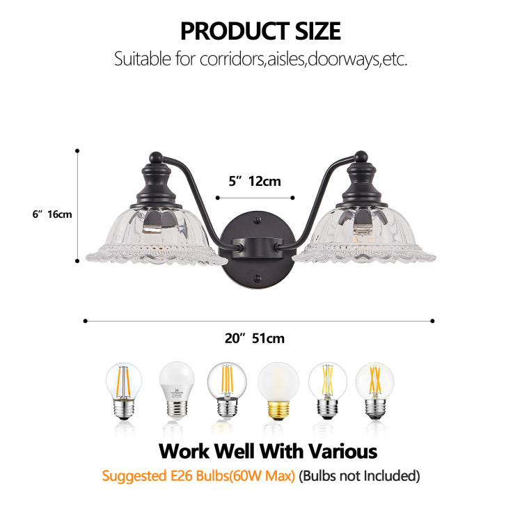 20 Inch 2 Light Vintage Bathroom Wall Sconce Elegant Black Metal And Glass Lampshade Vanity Light Fixture For Bathroom, Hallway, Or Bedroom Bulb Not Included
