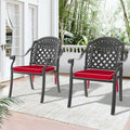 Cast Aluminum Patio Dining Chair 2Pcs With Black Frame And Red Cushions