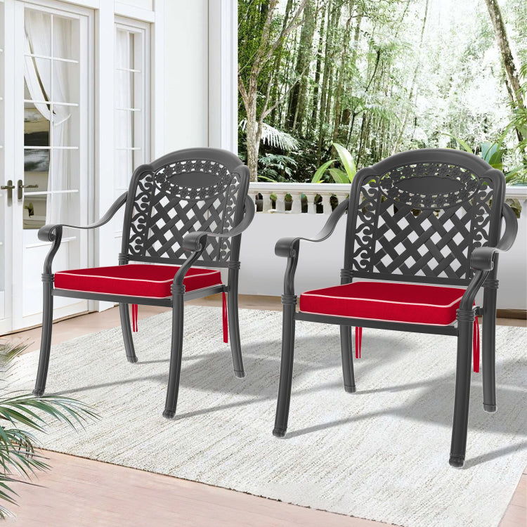 Cast Aluminum Patio Dining Chair 2Pcs With Black Frame And Red Cushions