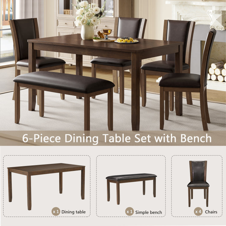 6 Piece Dining Table Set With Bench And Chairs, Wooden Dining Table Set For 6 People, Farmhouse Rustic Style 6 Person Dining Table Set For Dining Room, Kitchen, Dark Walnut