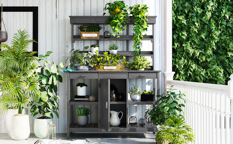 66'' Large Outdoor Farmhouse Wooden Potting Bench Table, Garden Workstation With 2 Drawers,Cabinet And Open Shelves For Backyard, Mudroom, Gray
