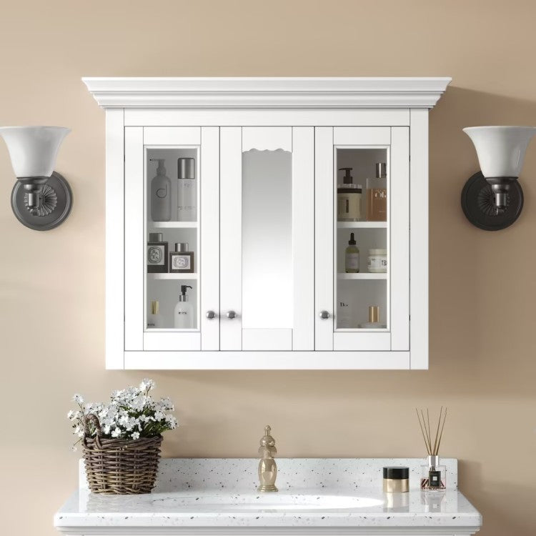 35" Bathroom Medicine Cabinet With Mirror, 5 Closed & Adjustable Shelves, Bathroom Wall Mounted Storage Cabinet With Glass Doors