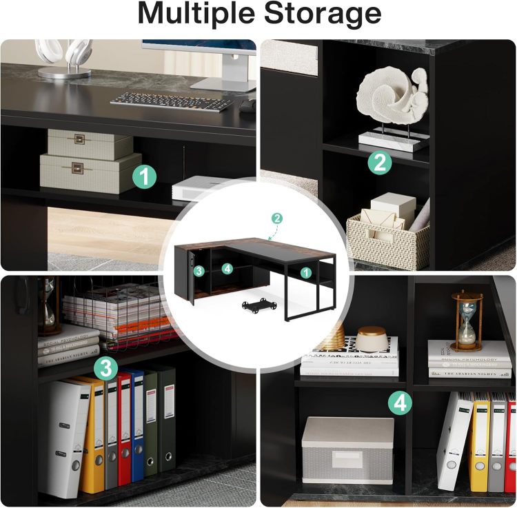 71" L Shaped Executive Desk With Storage Cabinet & Shelves, Large Industrial Home Office Computer Desk, Business Workstation With Printer Cabinet & Cpu Stand, Black