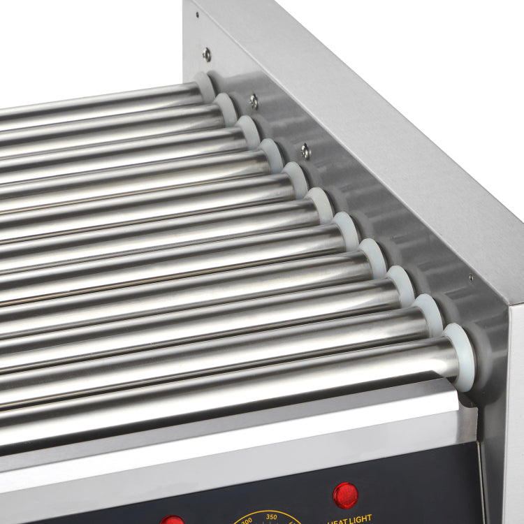 Hot Dog Roller, 11 Rollers 30 Hot Dogs Capacity, 1650W Stainless Sausage Grill Cooker Machine With Dual Temp Control Glass Hood Acrylic Cover Bun Warmer Shelf Removable Drip Tray, Etl Certified