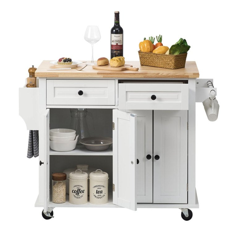 Kitchen Island Cart With Solid Wood Top, 35.4" Width Mobile Carts With Storage Cabinet, Rolling Kitchen Table With Spice Rack, Towel Rack, And Drawer, Portable Islands On Wheels, White