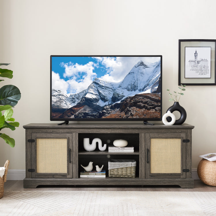 Farmhouse Rattan Tv Stand Console Table For Tvs Up To 70 Inches, Tv Console Table With 2 Storage Shelves, 2 Natural Rattan Door Cabinets, 65"W*15.55"D*23.86"H, Gray