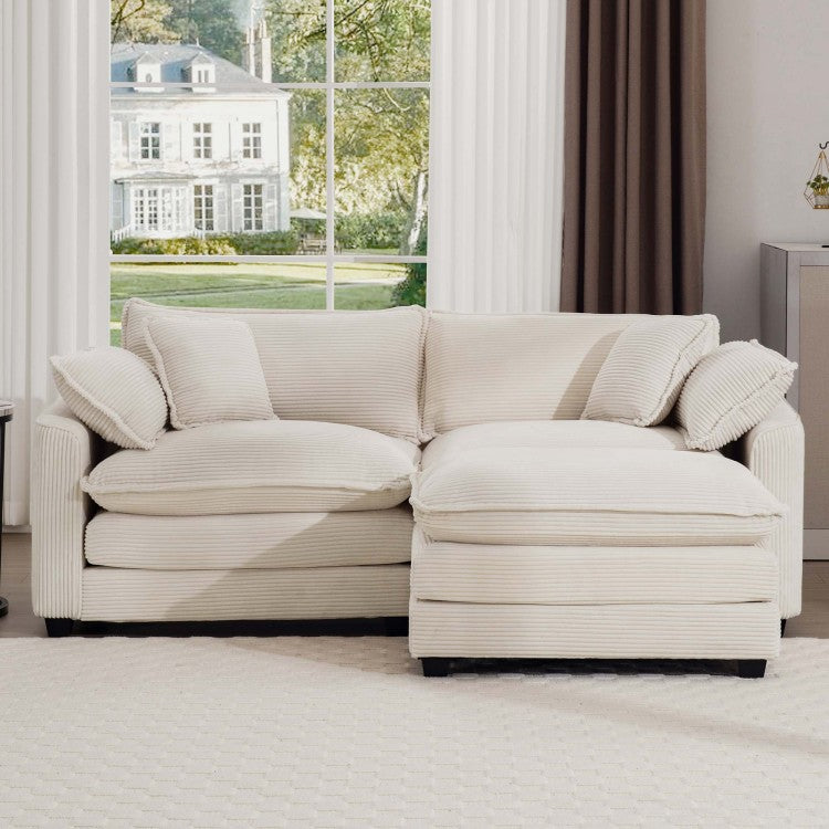 Corduroy Two Seater Sofa With 1 Footrest, L Shaped 2 Seater Sofa With Ottoman For Small Living Spaces, Light Beige Corduroy Sofa