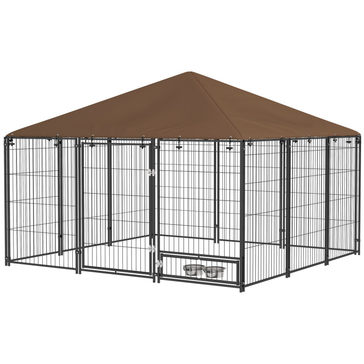 Pawhut Outside Dog Kennel, 6.9' X 6.9' X 5' Puppy Play Pen With Canopy, Garden Playpen Fence Crate Enclosure Cage Rotating Bowl, Coffee
