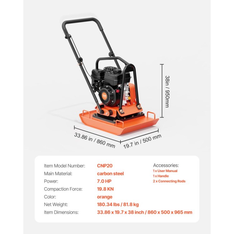 Plate Compactor 7.0 Hp Engine 432 Sq. In Plate 5400 Rpm Ground Compactor Rammer