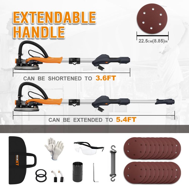 Drywall Sander With Vacuum Dust Collection, 6 Variable Speed Foldable Telescopic Electric Wall Sander, Popcorn Ceiling Removal Tool, 1900Rpm Power Sander Tool, Led Light, 18Pcs Sanding Discs