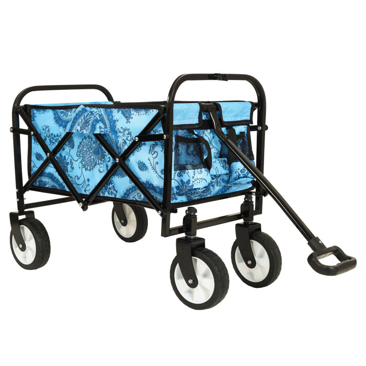 Minimeetall Colorful Collapsible Foldable Wagon Cart With Strapping System, Beach Wagon ,Utility Wagon Grocery Cart Camping Shopping Sports Gardeing Fishing Supports 225Lbs,Flower Blue Light
