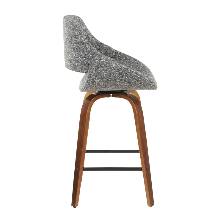 Mid Century Modern Counter Stool In Walnut And Grey Noise Fabric Set Of 2
