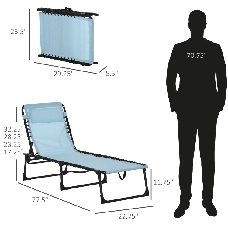 Outsunny Folding Chaise Lounge Pool Chair, Patio Sun Tanning Chair, Outdoor Lounge Chair W 4 Position Reclining Back, Pillow, Mesh & Bungee Seat For Beach, Yard, Patio, Baby Blue