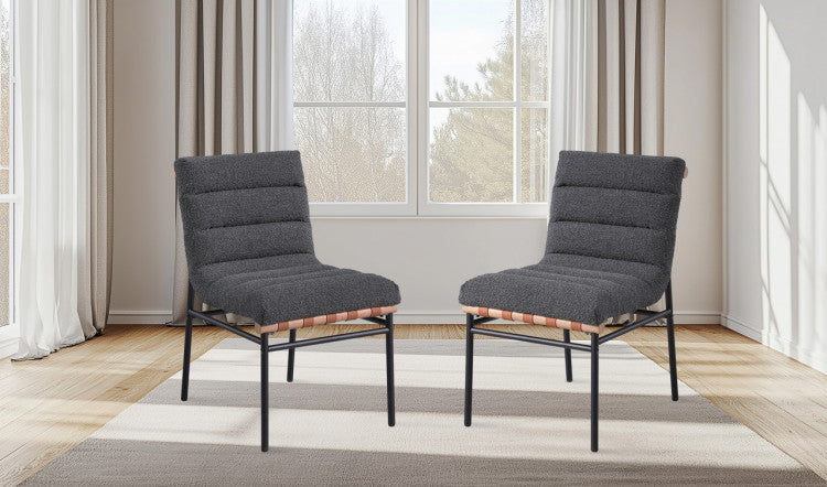Liana Dark Gray Boucle Fabric Set Of 2 Dining Chair With Black Iron Legs