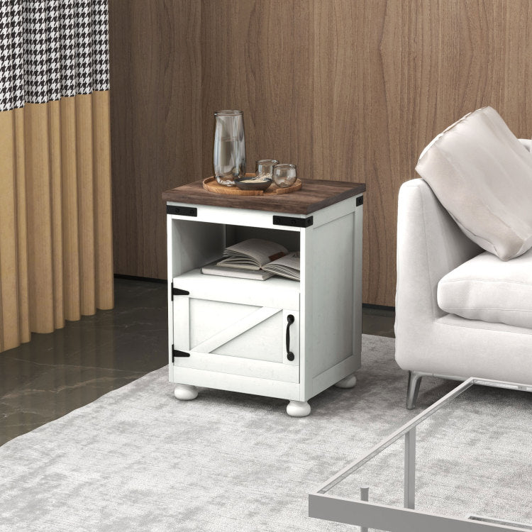 Homcom Small Side Table With Storage, Farmhouse End Table With Open Shelf And Cupboard, Modern Sofa Table With Wood Legs For Living Room, White