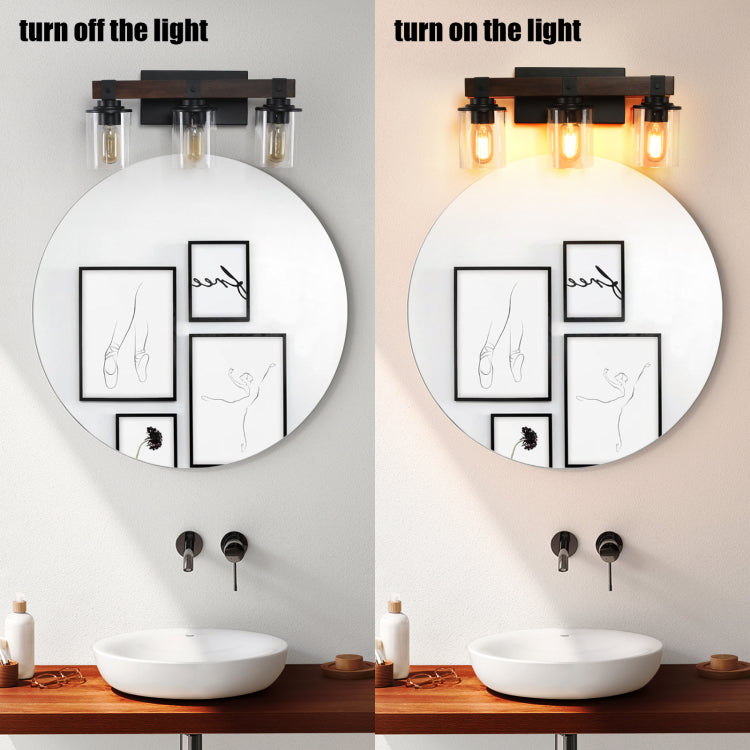 19" Rustic 3 Light Vanity Light, Industrial Bathroom Wall Sconce With Glass Shades And Wood Accent, Modern Farmhouse Lighting Fixture No Bulbs