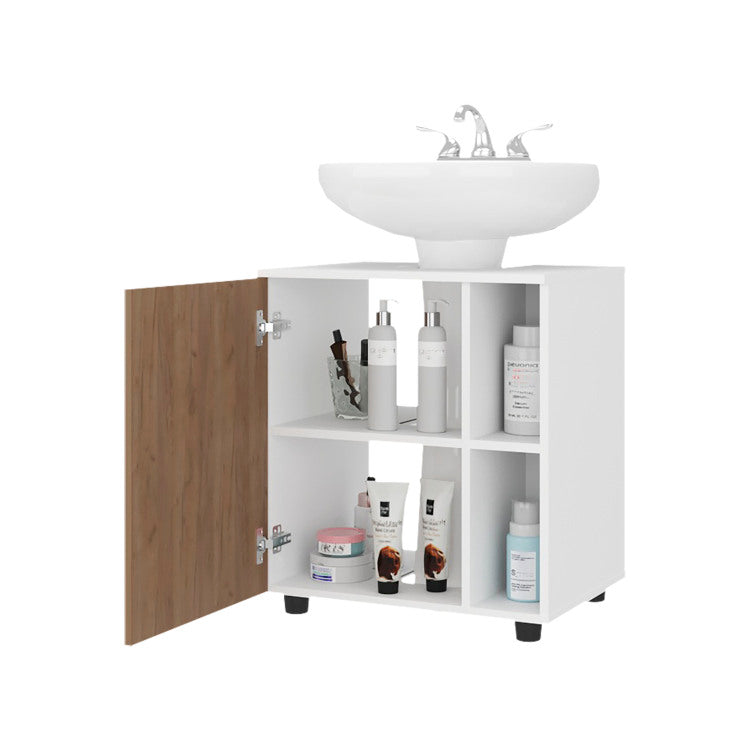 Pascuale Two Side Shelves Under Sink Cabinet With One Doors, Cut Out Back, Compact 22 Freestanging Bathroom Storage, White, Natural Oak