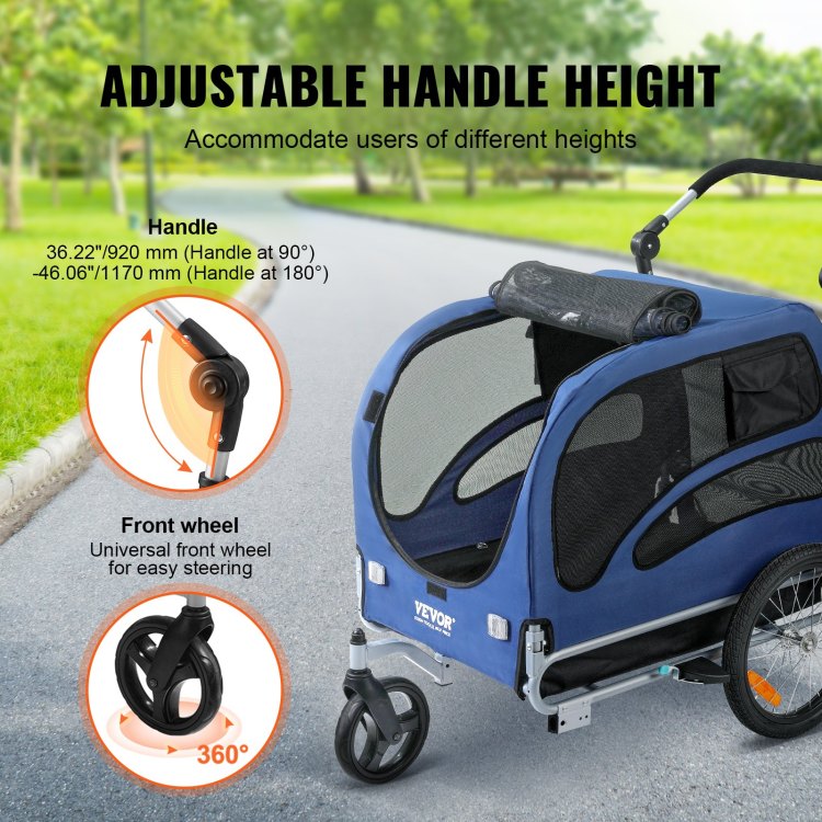 Dog Bike Trailer, Supports Up To 100 Lbs, 2 In 1 Pet Stroller Cart Bicycle Carrier, Easy Folding Cart Frame With Quick Release Wheels, Universal Bicycle Coupler, Reflectors, Flag, Blue Black