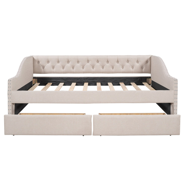 Upholstered Daybed With Two Drawers, Wood Slat Support, Beige, Full Size Old Sku :Lp001111Aaa