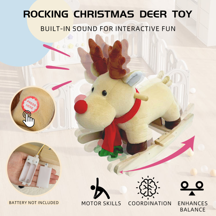 Kids Ride On Rocking Horse Toy With Jingle Bells,Moose Rocking Toy With Hand Puppets And Safety Belt For Children 1 3 Years,Soft Plush Fabric,Apricot,Cpc Certified
