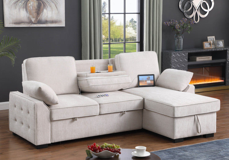 Marcello 91"W Beige Chenille Fabric Reversible Sleeper Sectional With Storage Chaise, Drop Down Table, Cup Holders And Charging Ports