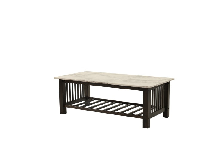 Modern Contemporary 1Pc Coffee Table Faux Marble Top Antique Walnut Solid Legs Open Storage Shelf Occasional Table Living Room