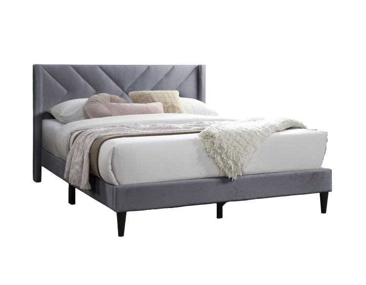 Elegant Modern Gray Velvet Upholstered Queen Size Bed Clean Lines Design Headboard 1Pc Bedframe