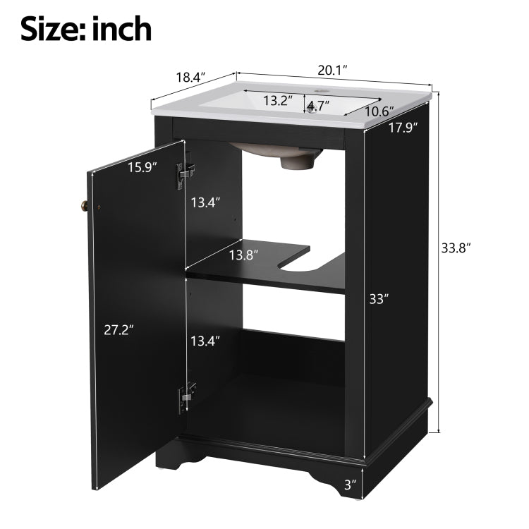 20 Inch Bathroom Vanity With Ceramic Sink, Freestanding Single Vanity Set With Soft Closing Door, Adjustable Shelf, Modern Style, Black