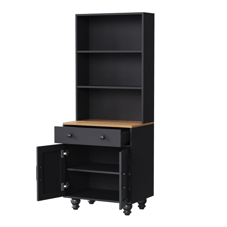 Farmhouse Storage Cabinet With 4 Solid Wood Gourd Shaped Legs, Modern Kitchen Pantry Cabinet With Adjustable Shelves, 5 Tier Bookshelf With Drawer For Living Room, Black