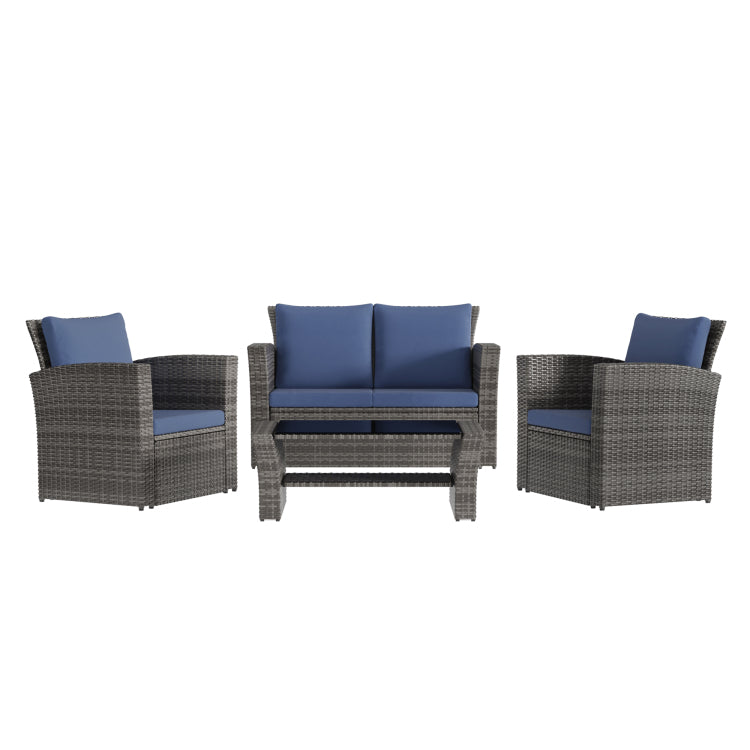 4 Piece Outdoor Patio Furniture Set, Outdoor Sectional Sofa With Tempered Glass Coffee Table And Cushions, Wicker Rattan Patio Set