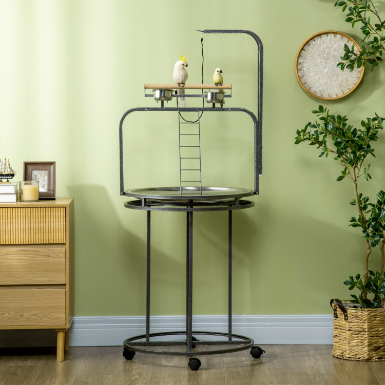 Pawhut Parrot Stand Large Bird Perch Stand With Toy Hook & 3 Ladders, Parrot Perch With Easy Grip, Bird Wooden Stand, Gray