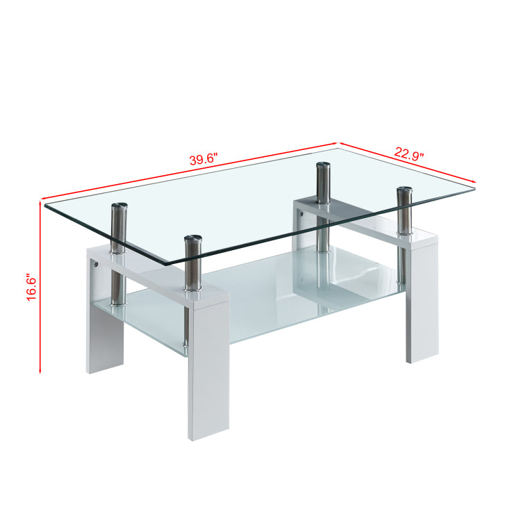 Artisan Center Coffee Table, Tempered Glass Top Stainless Steel Legs For Living Room, White