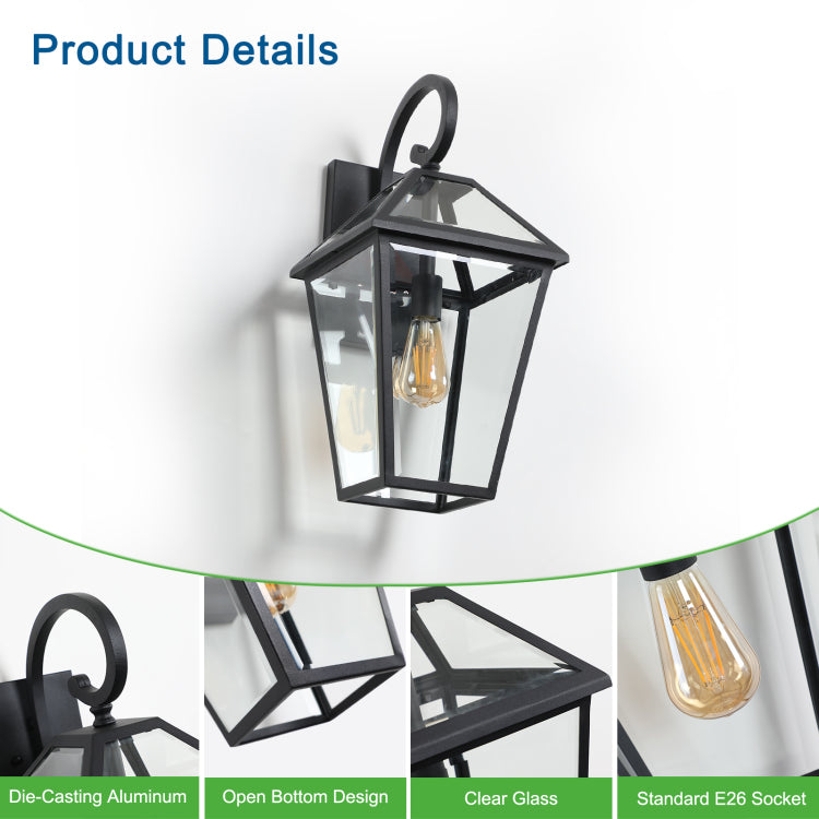 21" H 1 Pack Outdoor Wall Lantern Light Modern Black Metal & Clear Glass Sconce For Porch, Patio, And Garden Lighting Bulb Not Included