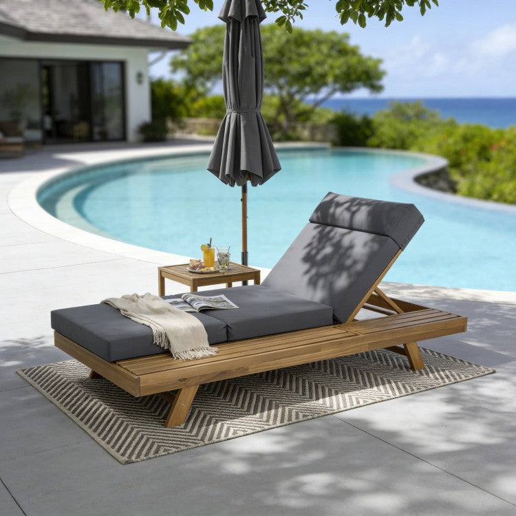 Lounge Chaise Set With Headrest, Space Available On One Side, Acacia Wood In Light Brown With Water Resistant Lounge Cushions Dark Grey & 3 Fold & 4 Inch Matching Cream Beige Version Available