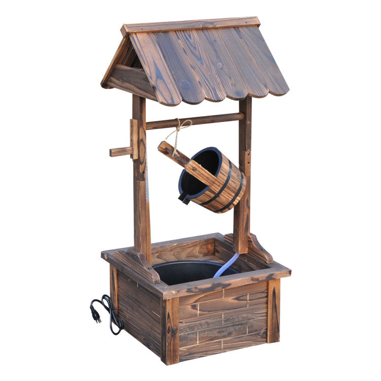 Outsunny Outdoor Wooden Wishing Well Fountain With Adjustable Water Flow Rate, Outdoor Rustic Waterfall Fountain With Electric Pump, Water Bucket, For Backyard Patio Garden Lawn, Carbonized Finish