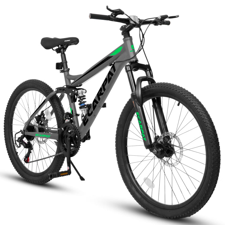 A2460 24 Inch Mountain Bike With Full Suspension, 21 Speed Shifter Lever With Gear Indicator, High Carbon Steel Frame, Mechanical Disc Brakes, Unisex For Men Women Adults, Ideal For Trails