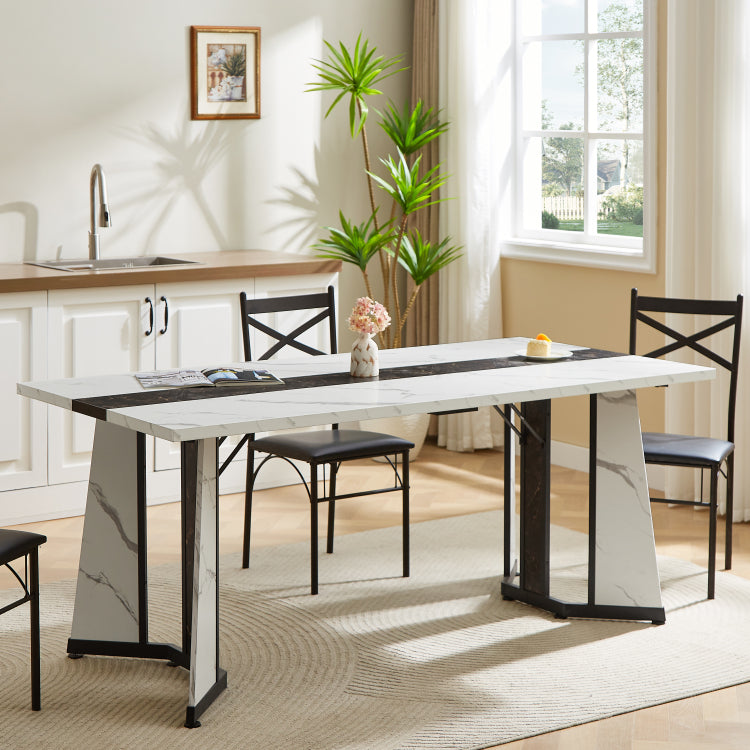 70.9"Rectangular Large Dining Table, Marble Grain Waterproof Large Desk For 8 People, Deluxe Family Dining Table With Adjustable Legs For Kitchen,Living Room,Office, White,70.9''W X 35.4''D X