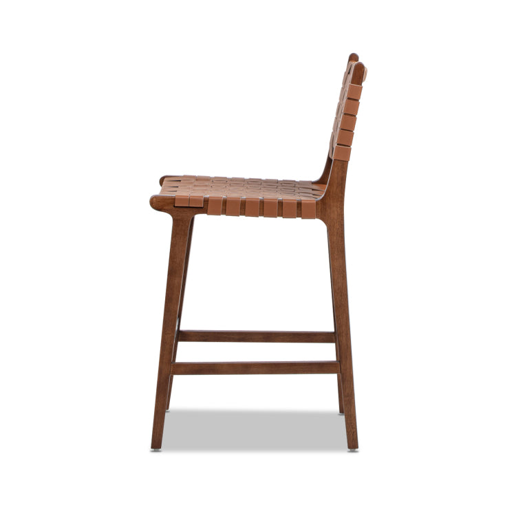 Andre 26" Woven Leather Counter Stool With Back, Pecan Brown Faux Leather