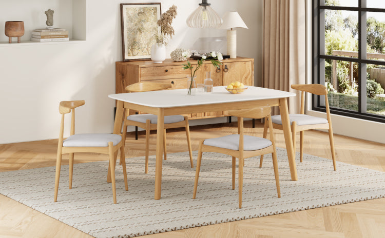 5 Piece Mid Century Modern Dining Set Solid Wood Frame Table 4 Beige Upholstered Chairs, White Oak Beige Same Sku: N759S296907K