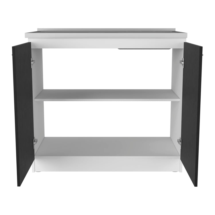 Freestanding Sink, Double Door Cabinet, Two Shelves, White Black