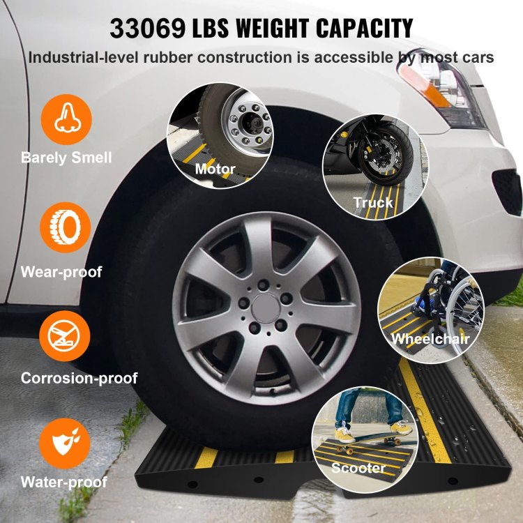 Rubber Curb Ramp For Driveway 1 Pack, 15T Heavy Duty Sidewalk Curb Ramp, 2.6" Rise Height Cable Cover Curbside Bridge Ramp For Garage For Low Cars, Wheelchairs