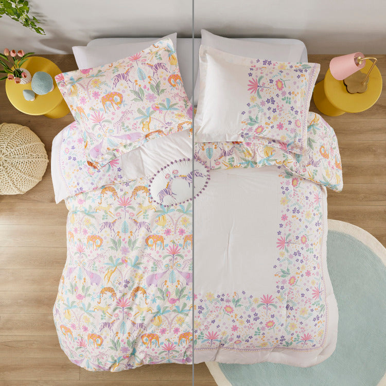 4 Pcs Full Queen Floral Reversible Cotton Comforter Set With Throw Pillow Purple