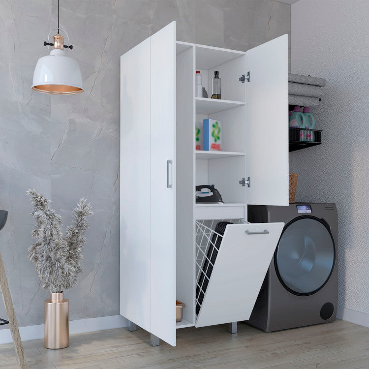 Iris 71" High Two Door Broom Closet With Hamper, Four Shelves, Hangers, Storage Closet, Pantry Cabinet