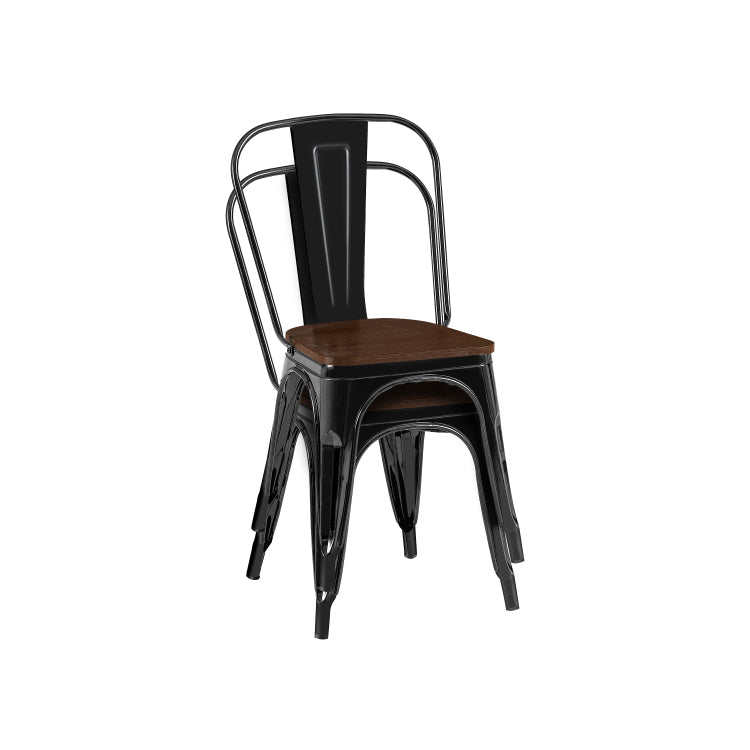 Set Of 2 High Gloss Black With Walnut Wooden Seat Industrial Metal Dining Chairs 18 Inch Seat Height Stackable, Indoor Outdoor, Lightweight Easy Clean Surface, Easy Assembly, Durable Modern Design