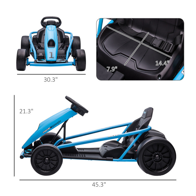 Aosom 24V 8.1 Mph Electric Go Kart, Drifting Car Battery Powered Ride On Toy Outdoor With Slow Start, Music, Horn Honking And Safety Belt, For 8 12 Years Old, Blue