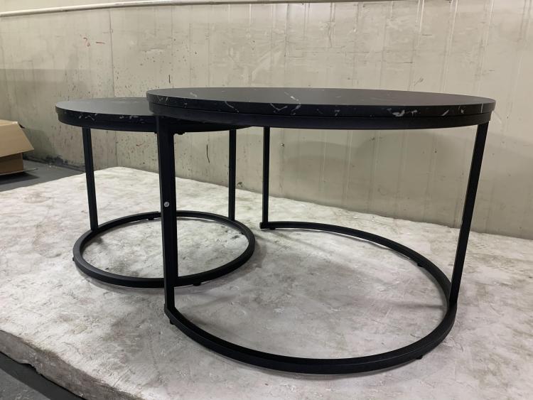 Nesting Coffee Table Set Of 2, 27.6Inch Round Coffee Table Wood Marble Pattern Top With Sturdy Metal Frame, End Table Side Tables For Living Room Bedroom Balcony Yard Black