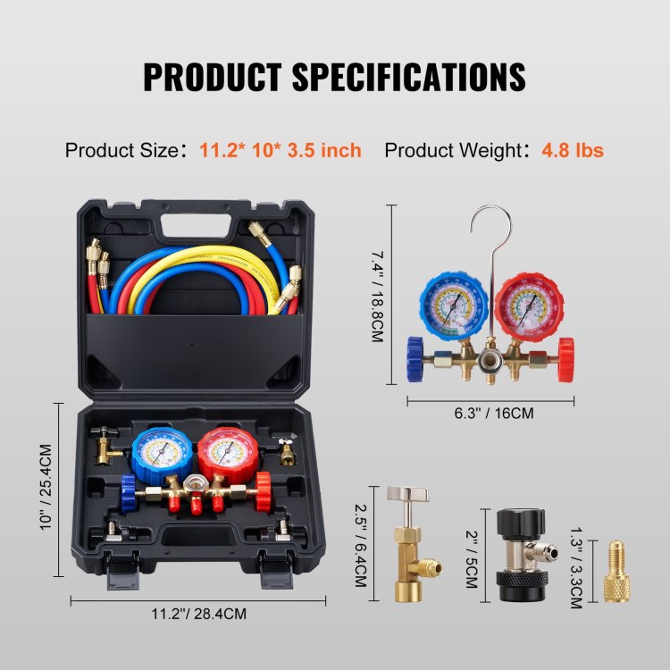 Ac Gauge Set 3 Way Ac Manifold Gauge Set For R134A R22 R12 R502 Refrigerant, Freon Gauges With 5Ft Hoses, Couplers, Can Tap Works On Car Auto Freon Charging And Evacuation