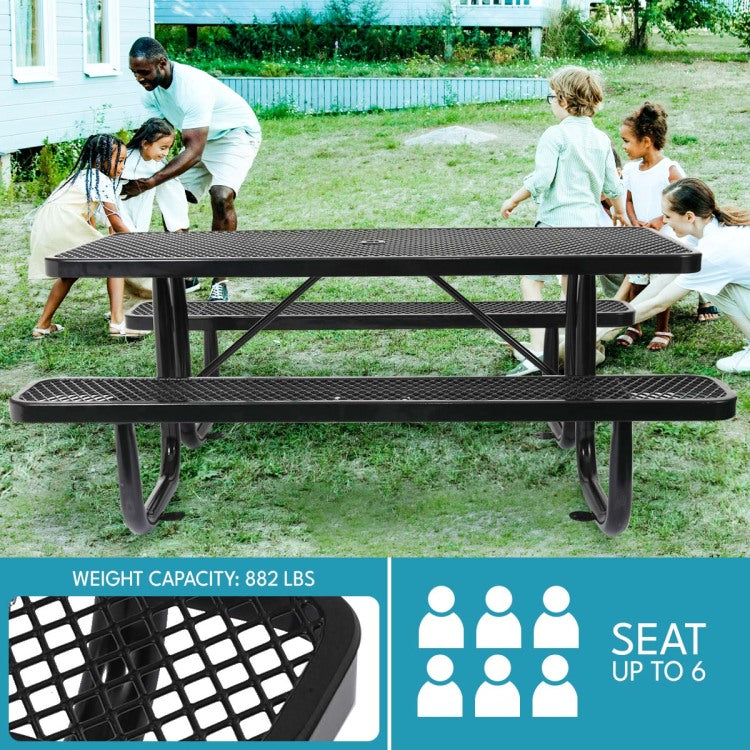 6 Ft. Rectangular Outdoor Steel Picnic Table With Umbrella Pole In Black