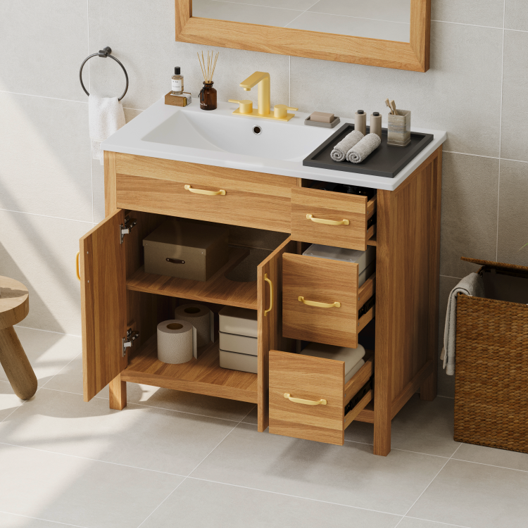 36" Wood Bathroom Vanity With Solid Wood Frame, 2 Soft Close Doors, 3 Soft Close Drawers, Adjustable Shelf, Modern Storage Cabinet For Small Bathrooms