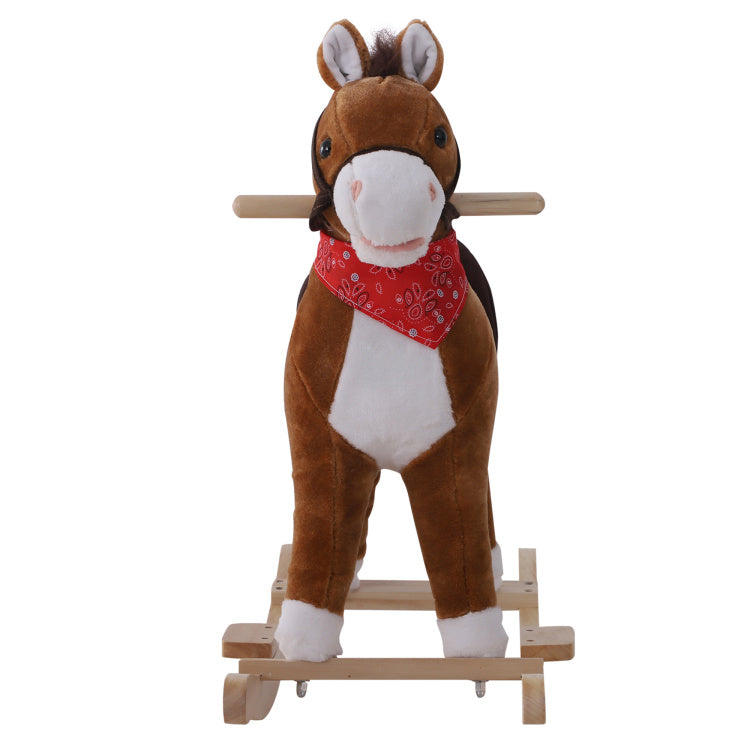 Qaba Kids Ride On Rocking Horse Plush Toy With Realistic Sounds And Red Scarf For Over 3 Years Old Birth Gift